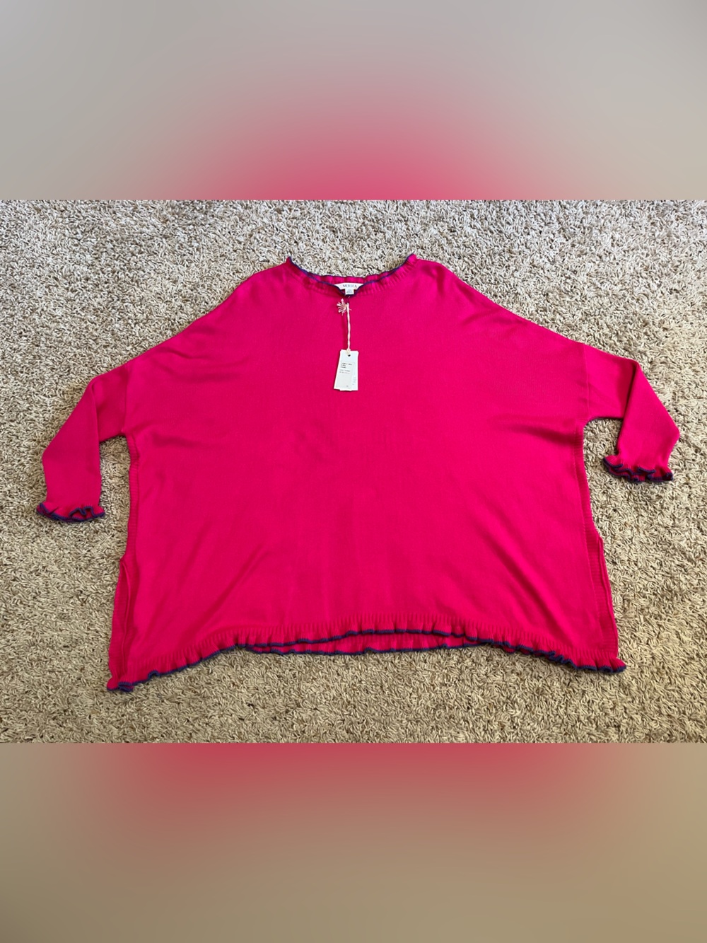 NWT Mersea Catalina Cotton Ruffley Sweater in Lipstick/Periwinkle Preppy OS